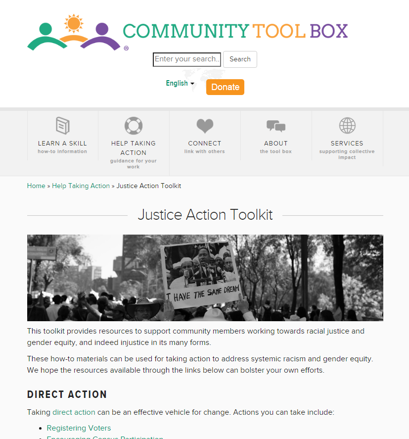 Screenshot of homepage of the Justice Action Toolkit from the Community Tool Box