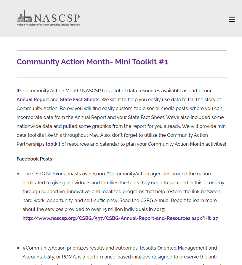 Screenshot of homepage of Community Action Month- Mini Toolkit #1, from the >National Association for State Community Services Programs