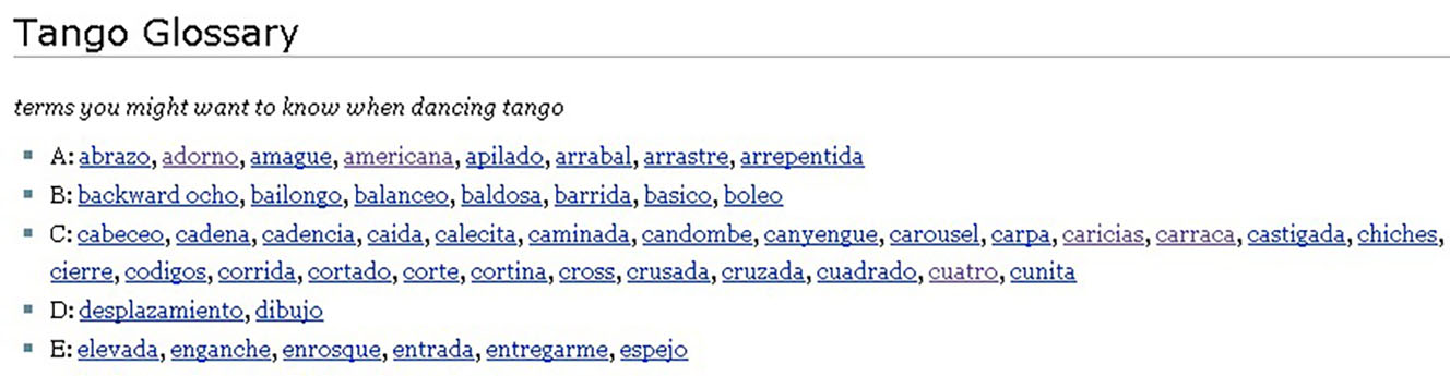 Screenshot showing entries for A to E in an online Tango glossary