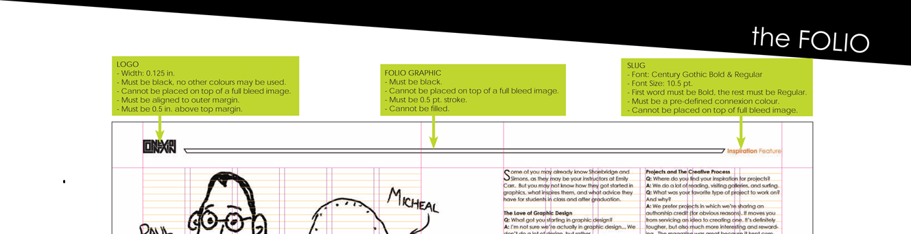 Layout for a magazine, indicating the font and other details