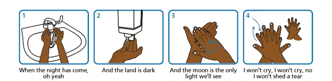 Four steps of washing hands, illustrated with Black hands and the song Stand by Me